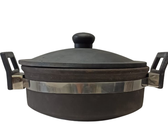Natural Black Earthen Clay Cooking Handi /Pot W/Lid n Handle - 7.5"