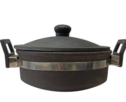 Natural Black Earthen Clay Cooking Handi /Pot W/Lid n Handle - 7.5"