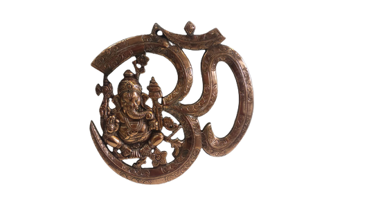 Black Metal Antique Wall Hanging Decor of Ganeshji W/ Om Symbol - 10"