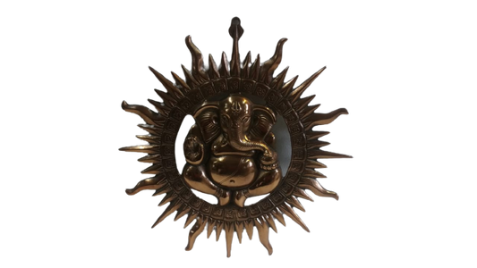 Black Metal Antique Wall Hanging Decor of Ganeshji W/ Base of Sun - 16"