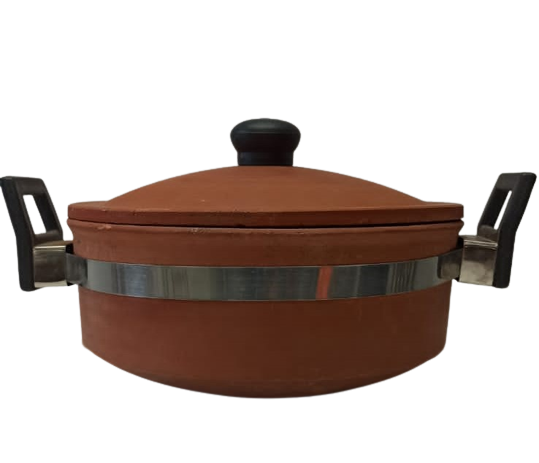 Natural Brown Earthen Clay Cooking n Serve Handi/Pot W/Lid n Handle - 6"