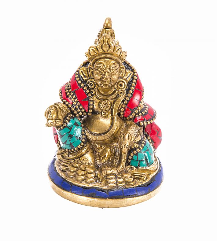 Carved Antique Brass Finish Kuber Sitting Statue