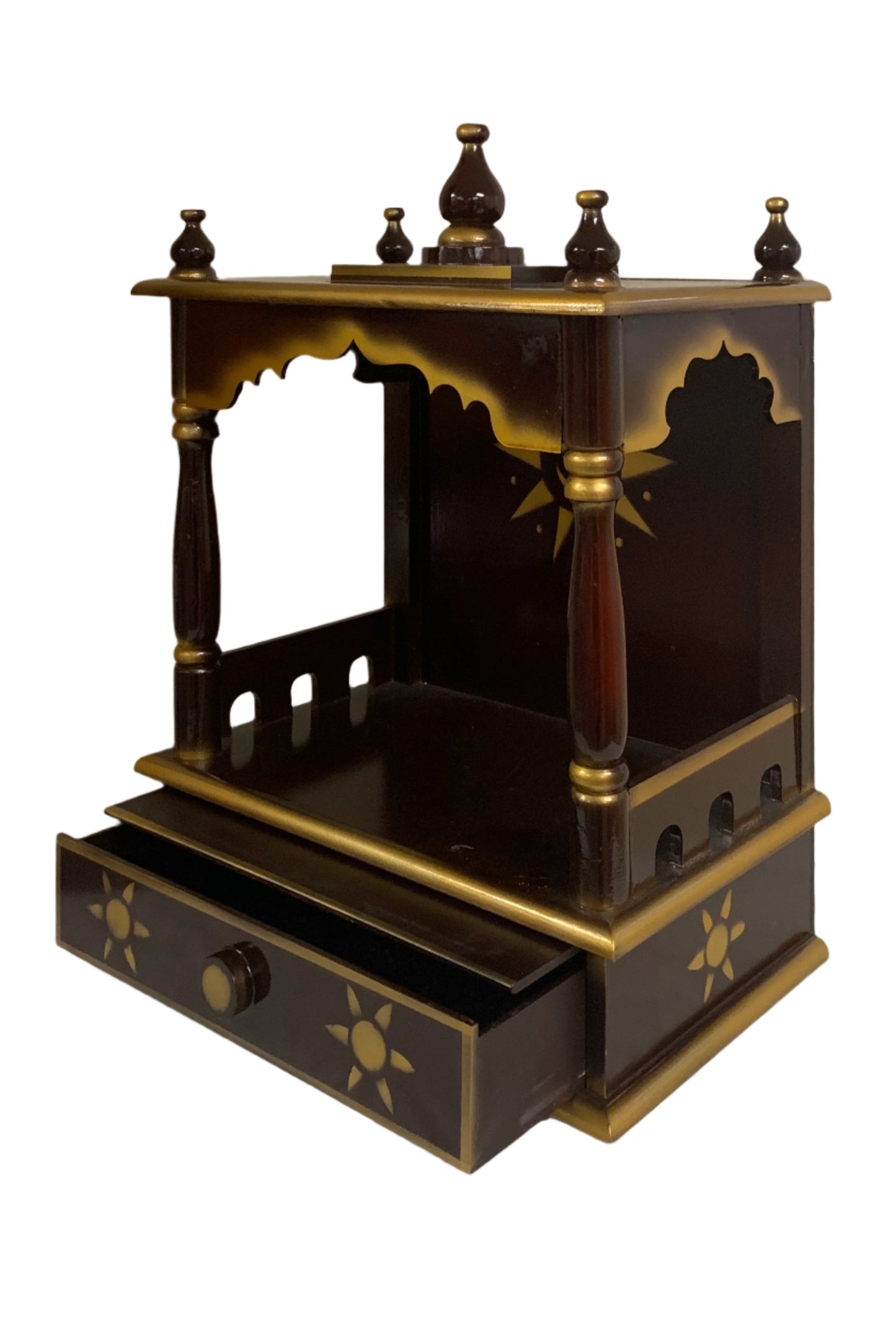 Traditional Small Wooden Mandir for Home in Dark Brown & Gold - 10"