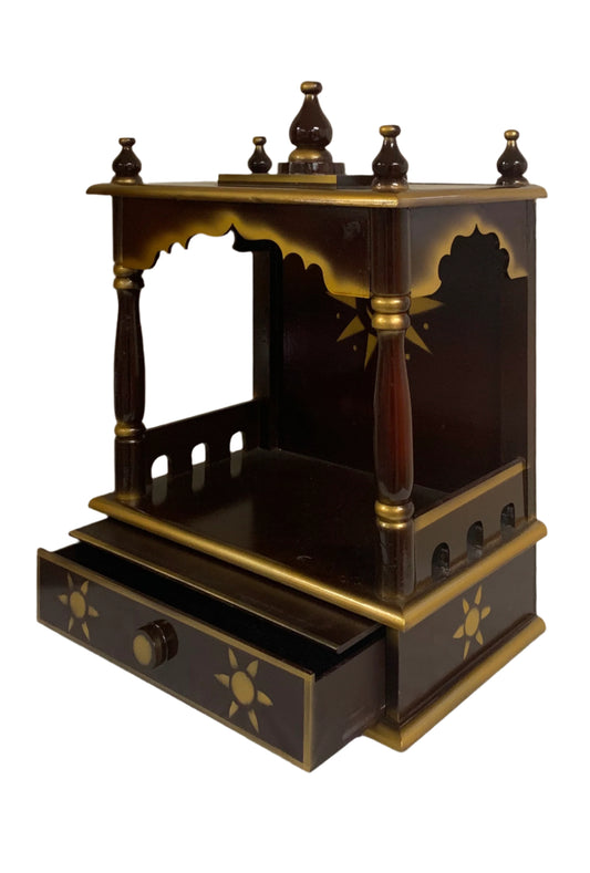 Traditional Small Wooden Mandir for Home in Dark Brown & Gold - 10"