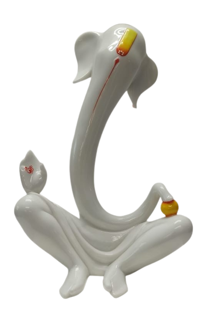 White Fiber in Marble Finishing Abstract Art Ganesh Statue - 16"