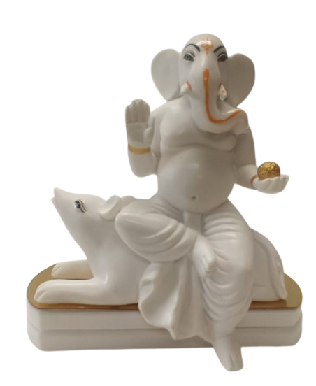 White Fiber in Marble Finishing Ganesh on Mouse Statue - 6.5"
