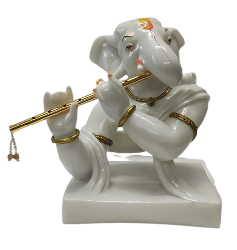 White Fiber in Marble Finishing Abstract Musical Ganesh W/ Fulte - 11"