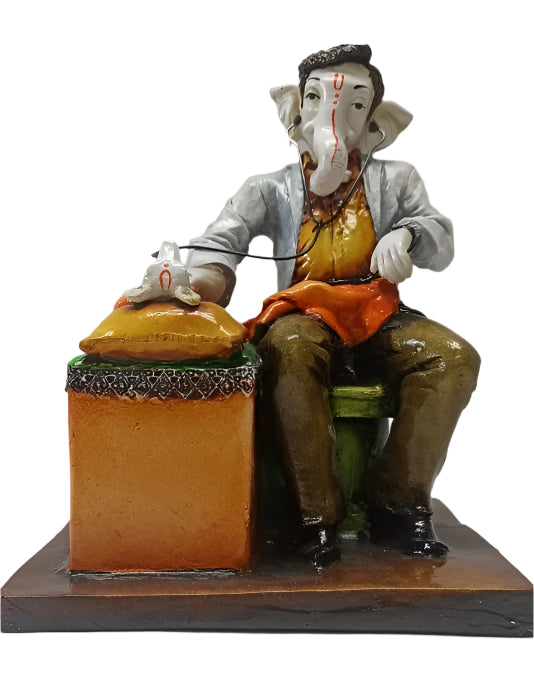 Beautiful & Colorful Doctor Lord Ganesh W/ Mouse Statue - 10"