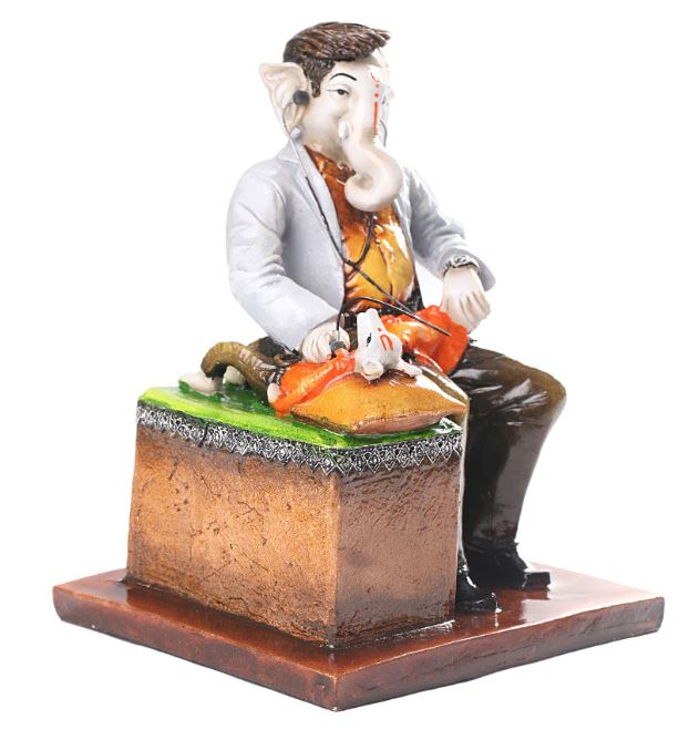 Beautiful & Colorful Doctor Lord Ganesh W/ Mouse Statue - 10"