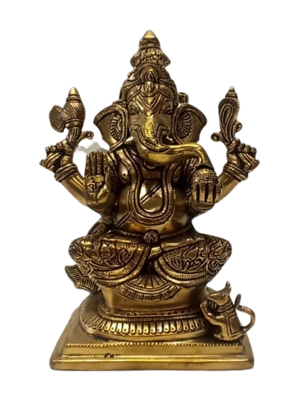 Brass Artistic Carved Ganesha Statue W/ Base - 8.5"