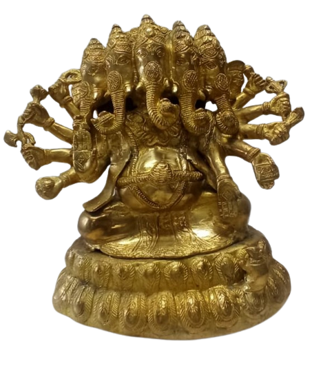 Brass Artistic Carved Statue of Panch Mukhi Ganeshji - 11"