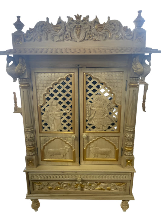 Beautifully Crafted White Sevan Wooden Temple With Doors - 24" & 27"