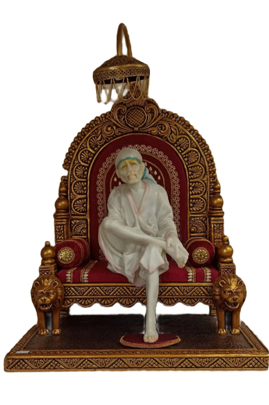 Beautiful Carving Marble n Brass Statue of Sai Baba Sitting on Singhasan - 25.5"