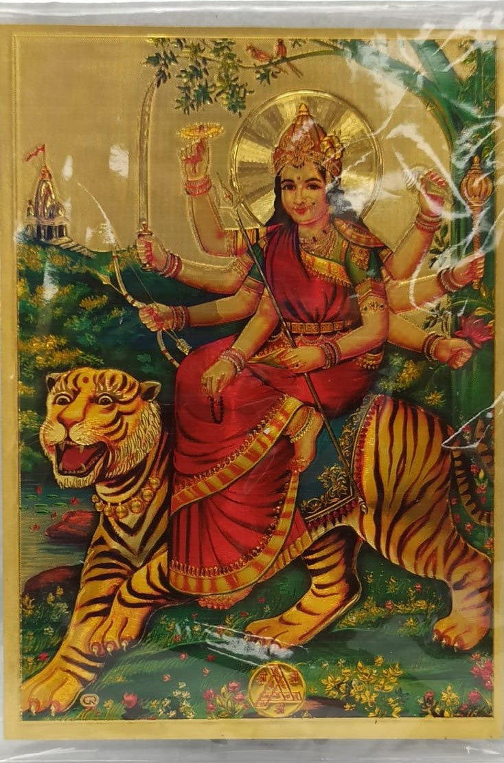 Acrylic Frame on Golden Foil Paper of Maa Durga # 5 - 9 x 12"