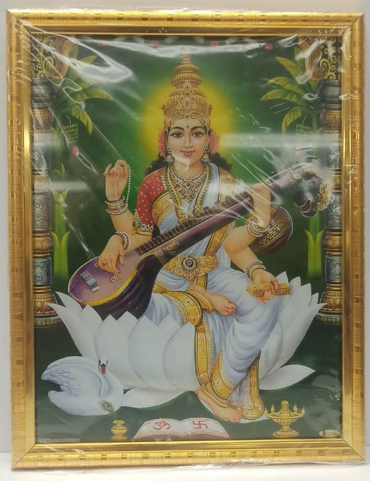 Golden Glass Photo Framed Picture of Maa Saraswati # 1 - 9 x 12"