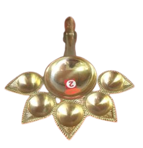 Brass Lamp w/ 5 Oil Wick (Panch Mukhi), Aarti Diya for Puja w/ Handle - 10"