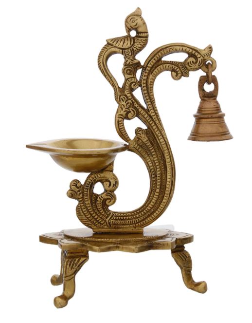 Brass Antique Finish Handcrafted Parrot Diya with Bells and Stand