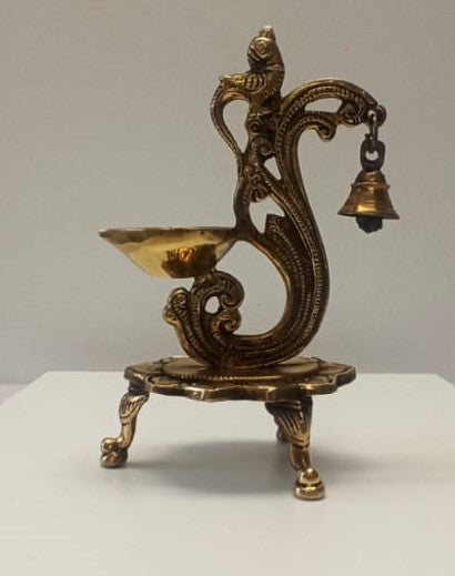 Brass Antique Finish Handcrafted Parrot Diya with Bells and Stand
