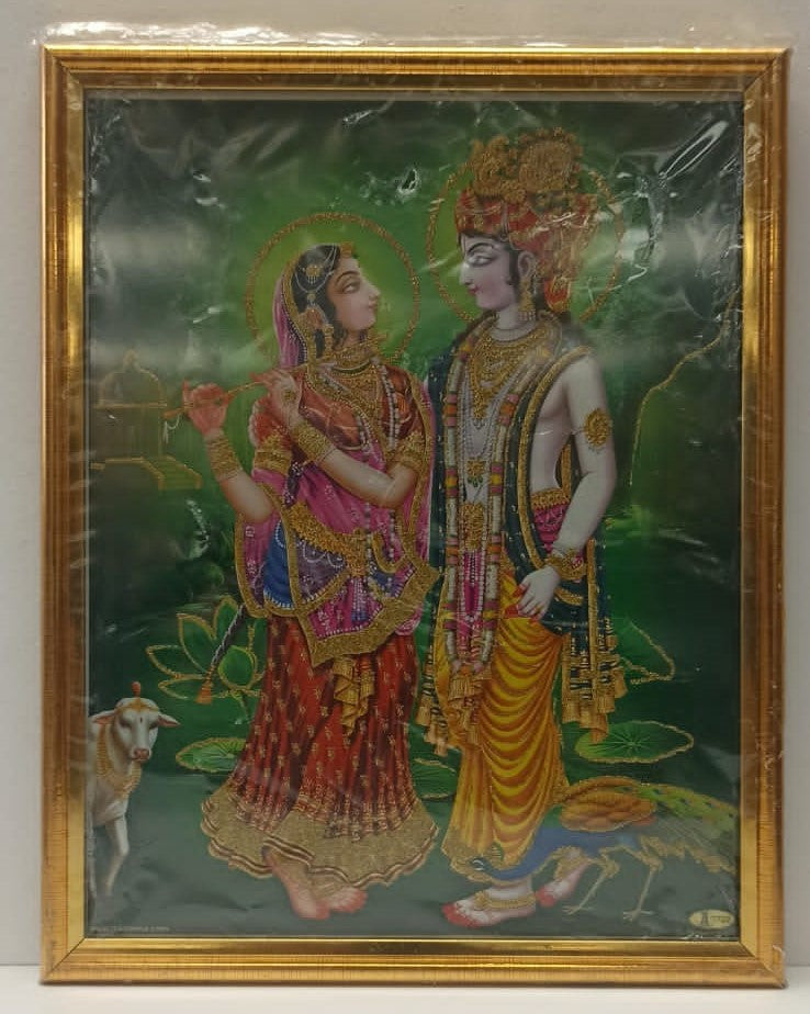 Golden Glass Photo Framed Picture of Radha Krishna # 1 - 9 x 12"
