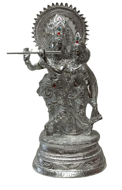 White Metal Carving Statue of Radha Krishna - 21.5"