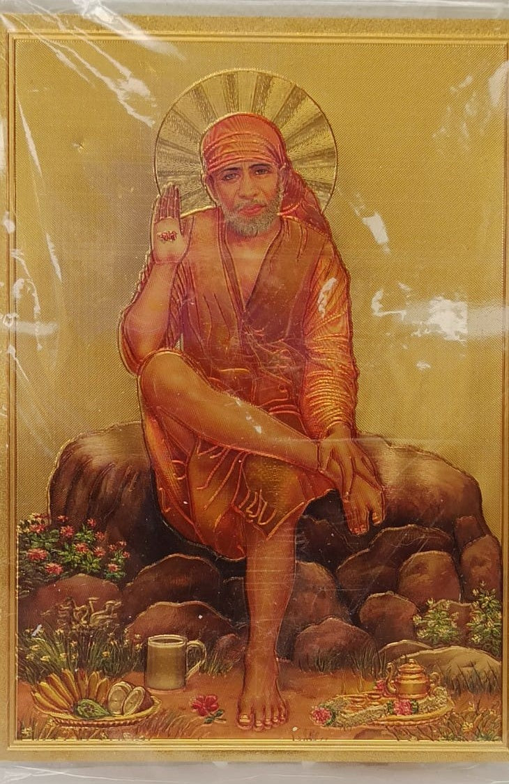 Acrylic Frame on Golden Foil Paper of Sai Baba # 3 - 9 x 12"