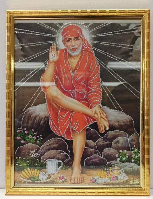 Golden Glass Photo Framed Picture of Sai Baba # 3 - 9 x 12"