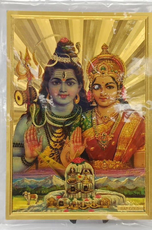 Acrylic Frame on Golden Foil Paper of Shiv Parvatiji # 1 - 9 x 12"
