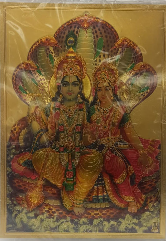 Acrylic Frame on Golden Foil Paper of Vishnu Lakshmiji # 1 - 9 x 12"