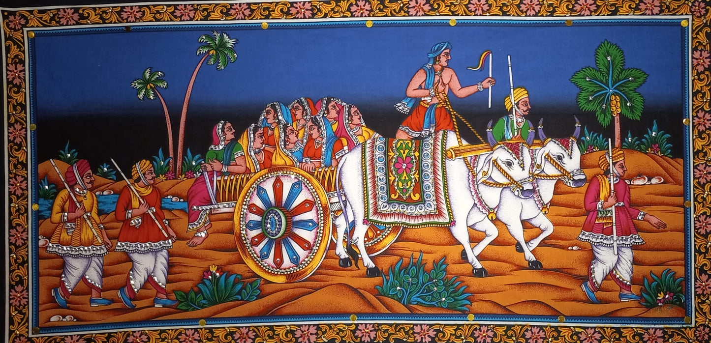 Colorful Indian Wall Hanging - 40" x 20" - Featuring Indian People Traveling on a Cattle