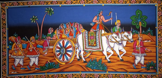 Colorful Indian Wall Hanging - 40" x 20" - Featuring Indian People Traveling on a Cattle
