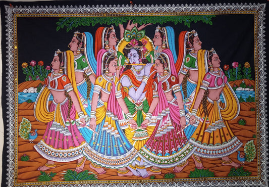 Vibrant Indian God Krishna Wall Hanging - 60" x 43"