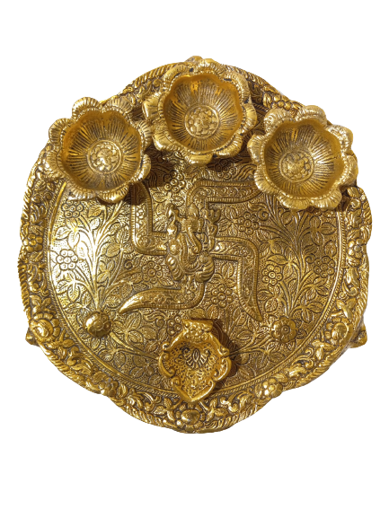 Sacred Golden Aarti Thali with Swastika and Ganesha Design - 9" Diameter