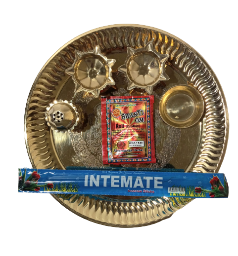 Sacred Golden Aarti Thali with Carving of Gods - 8.5" Diameter