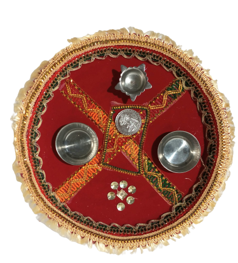 Beautiful Red Aarti Thali w/ Decorative Orange Cross Design - 9.5"