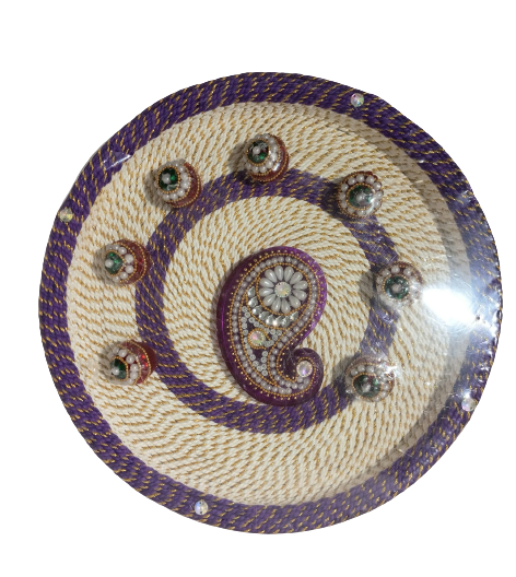Beautiful Aarti Thali with Cream Base (2 Colors - Purple & Green) - 10.75"