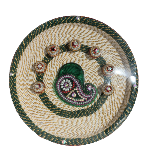 Beautiful Aarti Thali with Cream Base (2 Colors - Purple & Green) - 10.75"