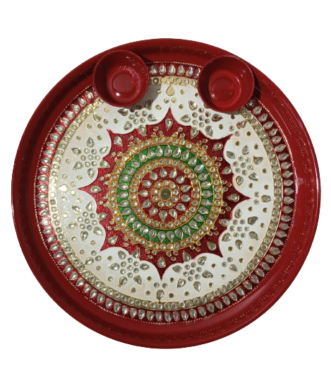Traditional Red Aarti Thali with Indian Design W/ Accessories-10.75 Inches (2 Designs)