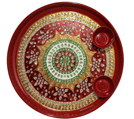 Traditional Red Aarti Thali with Indian Design W/ Accessories-10.75 Inches (2 Designs)
