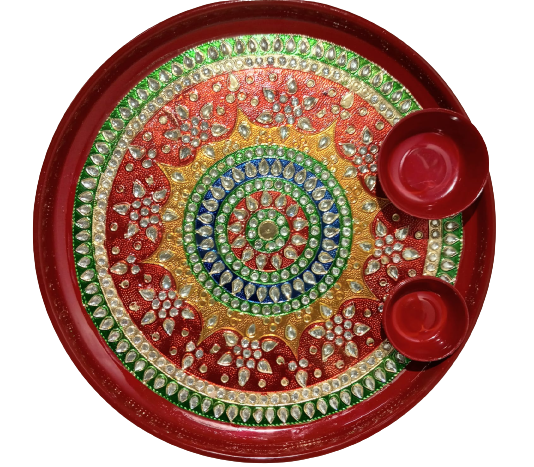 Traditional Red Aarti Thali with Indian Design and Accessories - 11 Inches