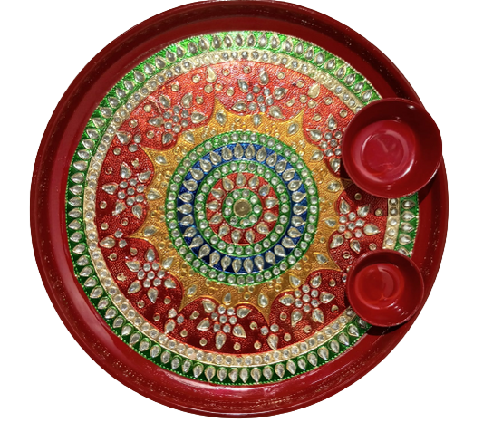 Traditional Red Aarti Thali with Indian Design and Accessories - 11 Inches