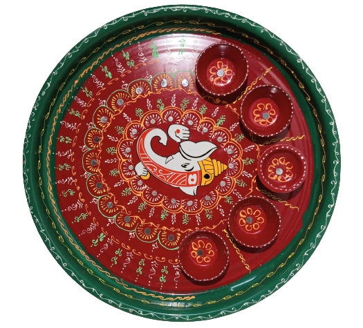 Beautiful Aarthi Thali with Thin Red Rim and Accessories - 11.5 Inch