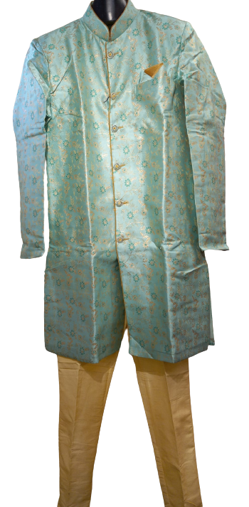 Traditional Indian Sherwani for Men - Mint Green base with Gold Design