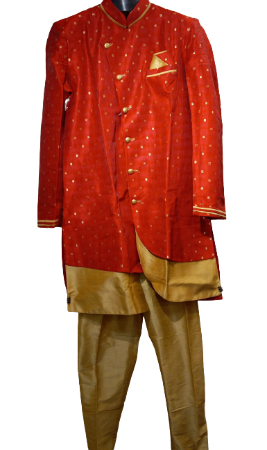 Traditional Indian Sherwani for Men - Red with Gold Dots pattern