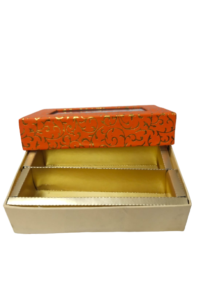 Orange-Colored Indian Sweet Boxes with 2 Compartments - 1/4 Kg Size - Outer: 7" x 4.5" x 1.75", Inner: 6.75" x 4.25" x 1.51"