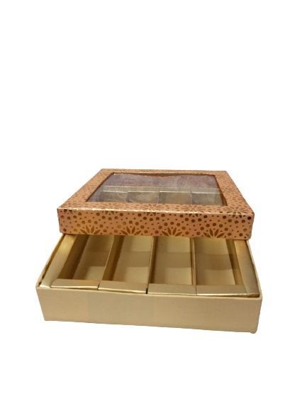 Peach-Colored Indian Sweet Boxes with 4 Compartments - 1/2 Kg Size - Outer - 7.5" x 7.5" x 1.75" Inner - 7.25" x 7.25" x 1.50"