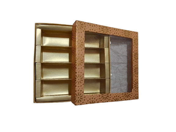 Peach-Colored Indian Sweet Boxes with 4 Compartments - 1/2 Kg Size - Outer - 7.5" x 7.5" x 1.75" Inner - 7.25" x 7.25" x 1.50"