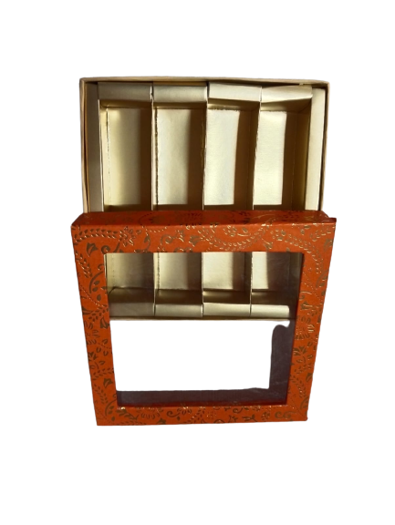 Orange-Colored Indian Sweet Boxes with 4 Compartments - 1/2 Kg Size - Outer - 7.5" x 7.5" x 1.75" Inner - 7.25" x 7.25" x 1.50"