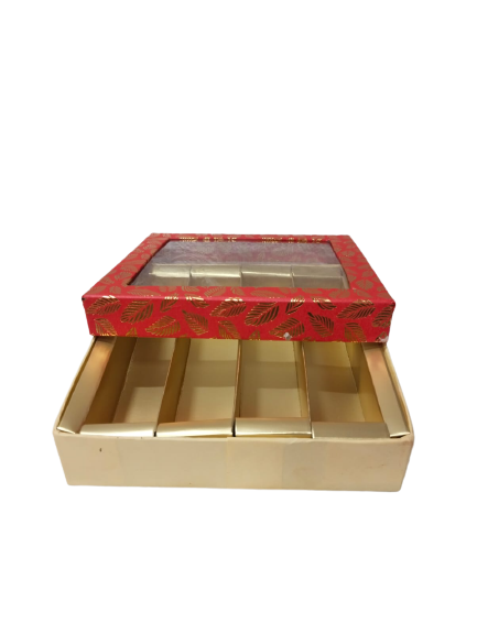 Red-Colored Indian Sweet Boxes with 4 Compartments - 1/2 Kg Size - Outer - 7.5" x 7.5" x 1.75" Inner - 7.25" x 7.25" x 1.50"