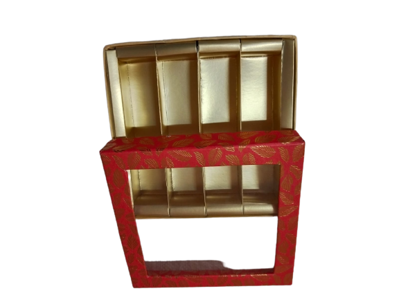 Red-Colored Indian Sweet Boxes with 4 Compartments - 1/2 Kg Size - Outer - 7.5" x 7.5" x 1.75" Inner - 7.25" x 7.25" x 1.50"