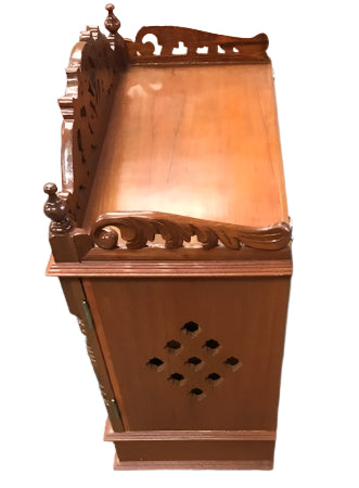 Light Brown Wooden Puja Mandir for Home w/ Carving & Bells on Doors - 21"